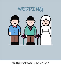 Wedding is the title of the image. A bride, groom, and a man holding flowers. The bride is wearing a white dress, and the groom is wearing a blue shirt and a tie