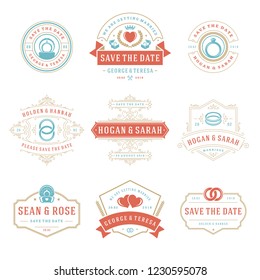 Wedding titles and logos vector elegant elements set. Vintage typography design for save the date invitations cards, ornaments decorations and symbols.