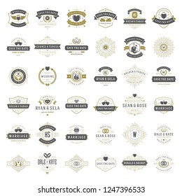 Wedding titles and logos vector elegant elements set. Vintage typography design for save the date invitations cards, ornaments decorations and symbols.