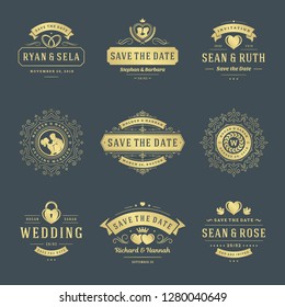 Wedding titles and logos vector elegant elements set. Vintage typography design for save the date invitations cards, ornaments decorations and symbols.