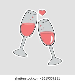 Wedding Toast Glasses Vector Sticker. Romantic champagne glasses clinking with heart symbol, perfect for wedding celebrations and romantic-themed designs