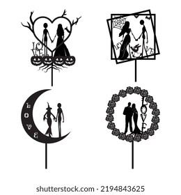 Wedding topper silhouettes, bride and groom, marriage, figures Gothic, haloween, Love.