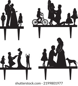 Wedding topper silhouettes, bride and groom, marriage, Family, children, dog, vector.