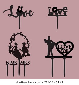 Wedding topper silhouettes, grooms, marriage, heart, flower bow