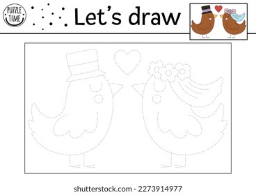 Wedding tracing worksheet with cute birds bride and groom. Trace the dots activity. Educational math, and drawing game. Marriage ceremony coloring page with just married animal couple
