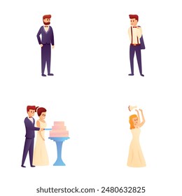 Wedding tradition icons set cartoon vector. Wedding celebration tradition. Marriage, event