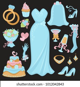 Wedding traditional attributes in light blue colors set