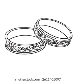 Wedding traditional golden wedding rings, sketch style illustration isolated on white background