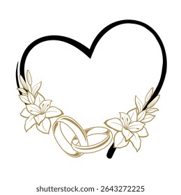 Wedding Traditional Heart Shaped Wedding Rings Frame with Gold Lilies. Floral Wedding Invitation Frame