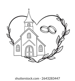 Wedding traditional rings with catholic temple, church in heart shaped frame. Wedding invitation frame, wedding