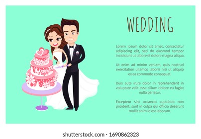 Wedding traditions and ceremony vector, bride and groom cutting cake made of biscuits and cream, people in love special occasion. Poster with sample