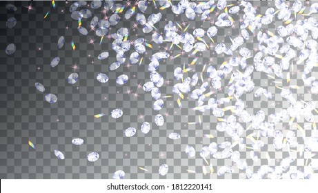 Wedding Treasure. Light Sparkle Object. Falling White Concept. Geometric Shiny Background. Transparent Wedding Treasure. Glamour Expensive Texture. Rainbow Poster.