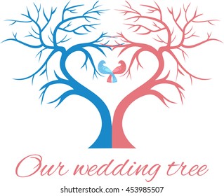 The wedding tree in the shape of a heart with two birds