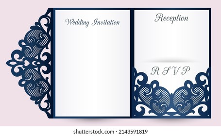 Wedding tri fold pocket envelope template vector. Laser cut Wedding invitation or greeting card with abstract ornament. 