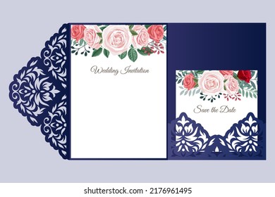 Wedding Tri fold pocket envelope with damask cutout pattern, laser cut template, vector.