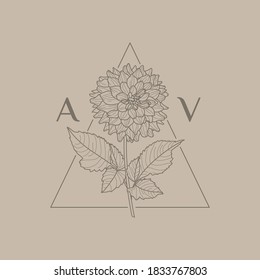 Wedding Triangle Monogram and Logo with Dahlia Flowers in Trendy Minimal Liner Style. Vector Floral template for Invitation Cards, Save the Date, tattoo designs, identity for spa, boutique and store
