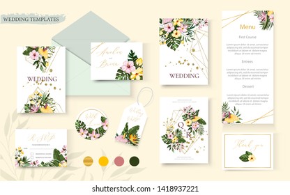 Wedding tropic exotic floral summer gold invitation card save the date envelope rsvp menu table design with greenery palm leaf frangipani hibiscus calla green monstera. Botanical vector template