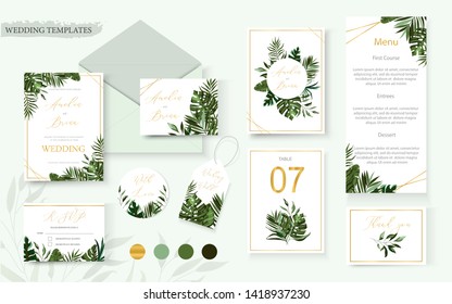 Wedding tropic exotic summer gold invitation card save the date envelope rsvp menu table label design with greenery fan palm leaf monstera. Botanical elegant decorative vector template