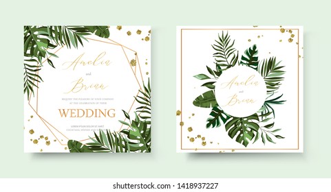 Wedding tropic exotic summer golden geometric triangular frame invitation card save the date with greenery fan palm leaf monstera. Botanical elegant decorative vector template Wedding tropic exotic summer golden geometric triangular frame invitation card save the date with greenery fan palm leaf monstera. Botanical elegant decorative vector template