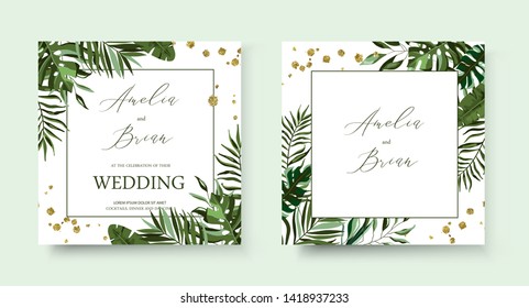 Wedding tropic exotic summer golden frame invitation card save the date with greenery fan palm leaf monstera. Botanical elegant decorative vector template