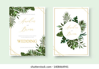 Wedding tropical exotic floral golden invitation card save the date design with green tropic monstera palm leaves herbs wreath and frame. Botanical elegant decorative vector template watercolor style