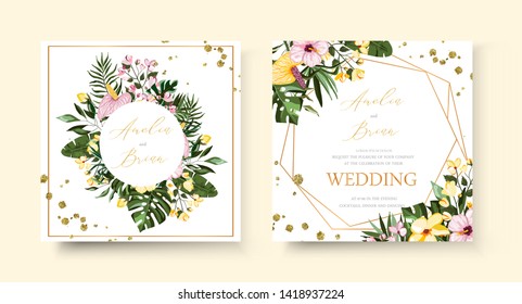 Wedding tropical exotic floral golden geometric triangular frame invitation card save the date with frangipani hibiscus calla green monstera palm leaves. Botanical elegant decorative vector template