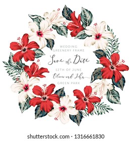 Wedding tropical floral frame. Palm leaves, red and white hibiscus flowers, circle wreath. Vector illustration. Romantic arrangement. Design template greeting card. Invitation background