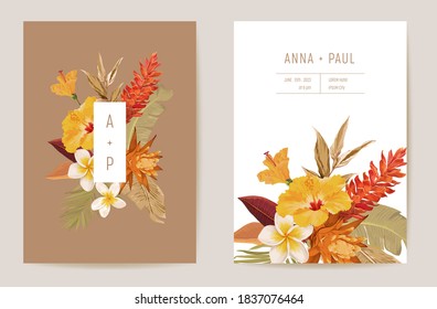 Wedding tropical floral invitation, dry tropic flowers, dried palm leaves card, watercolor template vector. Botanical Save the Date foliage cover, modern poster, trendy design, luxury background