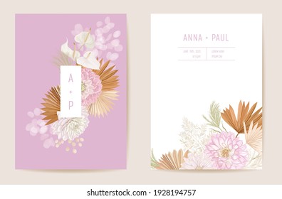 Wedding tropical floral invitation, dry tropic flowers, dried palm leaves card, watercolor template vector. Botanical Save the Date dalia cover, modern poster, trendy design, luxury background