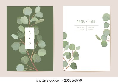 Wedding tropical floral invitation. Eucalyptus, green leaf, greenery branches card, watercolor template vector. Botanical Save the Date foliage cover, modern poster, trendy design, luxury background