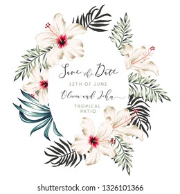 Wedding tropical frame Save the date. Palm leaves, white hibiscus flowers oval wreath. Vector illustration. Floral arrangement. Design template greeting card. Invitation background. Summer beach