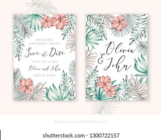 Wedding tropical frames Save the date. Palm leaves, pink hibiscus flowers. Vector illustration. Floral arrangements. Design template greeting card. Invitation background