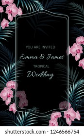 Wedding Tropical Invitation, floral invite card Design: pink orchid and green palm leaves, golden frame print. 