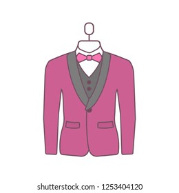 Wedding tuxedo color icon. Jacket with bow tie. Mens formal wear. Menswear. Men’s suit on mannequin. Atelier. Isolated vector illustration