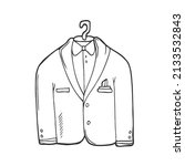 Wedding tuxedo doodle icon. Jacket with bow tie. Mens formal wear. Menswear. Men s suit on mannequin. Atelier. Isolated vector