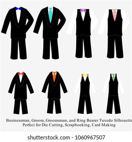 Wedding Tuxedo Vector Design Illustration Set, Businessman Suit Vector Art, Ring Bearer Tuxedo Die Cut Design