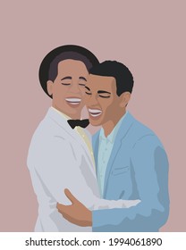 Wedding Of Two African Gay Men With Smiles. Modern LGBT Portrait In Minimalist, Bohemian, Flat Style. In Gentle Colors. The Concept Of Wedding, Celebration, Print On Clothes, Poster, Postcard, Decor.