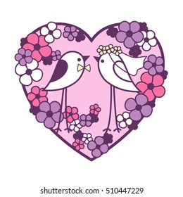Wedding two birds among the flowers. Openwork heart wreath of flowers. Valentine's Day card vector design.