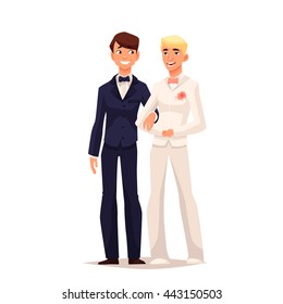 wedding of two gay, comic cartoon vector illustration isolated on white background, 