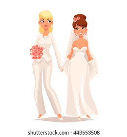 wedding of two lesbians girls vector cartoon comic illustration isolated on a white background. couple of girls gay, wedding ceremony lesbians, marriage girls in white dresses with a bouquet