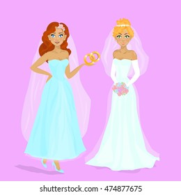 Wedding of two lesbians girls vector cartoon. Wedding couple illustration. Wedding couple isolated on pink background. Wedding lesbians couple vector icon illustration. Wedding couple isolated. 