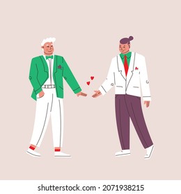 Wedding of two men. Lovely, cute characters, holding hands. Groom in suit, LGBT wedding. Vectoral isolated illustration.