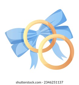 Wedding two rose gold rings on decorated blue ribbon bow. Alliance ring for the married couple. Wedding day accessories, decorations. Celebrate marriage, save the date ceremony. Vector