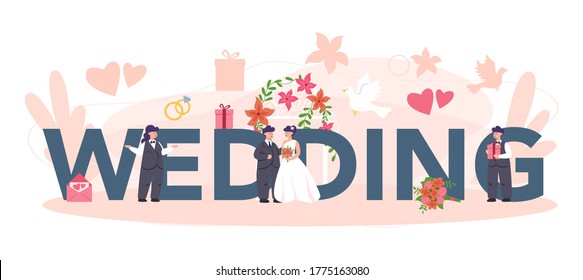 Wedding typographic header concept. Professional organizer planning wedding event. Catering and entertainment organization. Bride and fiance mariage planner. Isolated vector illustration