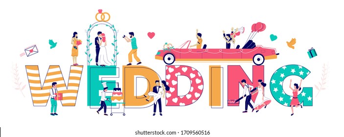 Wedding typography banner template, vector flat illustration. Happy bride and groom, guests, chef with big cake, arch, photographer taking photo of newlyweds, just married couple riding wedding car.