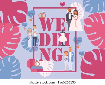 Wedding typography poster, vector illustration. Marriage agency booklet cover design, greeting card in flat style, decorated with monstera leaves. Happy married couple, newlywed bride in wedding dress