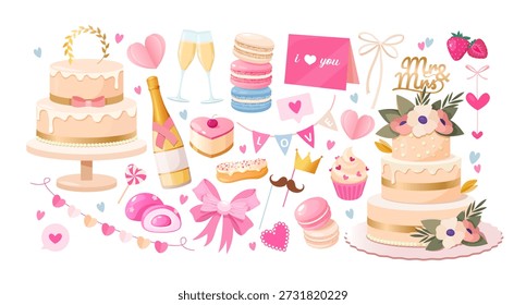 Wedding and Valentine Celebration Elements Set with Cakes, Champagne, Macarons, Love Cards, Bows and Romantic Decorations, Elegant Vector Collection for Wedding Design, Invitations, Branding and Party Decor.
