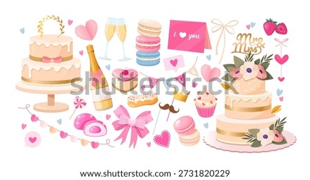 Wedding and Valentine Celebration Elements Set with Cakes, Champagne, Macarons, Love Cards, Bows and Romantic Decorations, Elegant Vector Collection for Wedding Design, Invitations, Branding and Party Decor.
