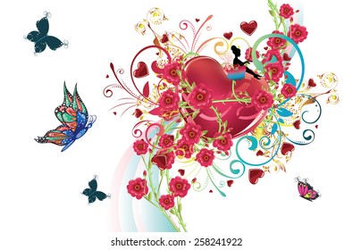 Wedding and valentine greeting card with red roses and hearts.