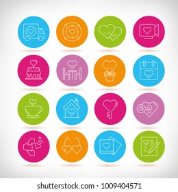 wedding and valentine icons in colorful buttons